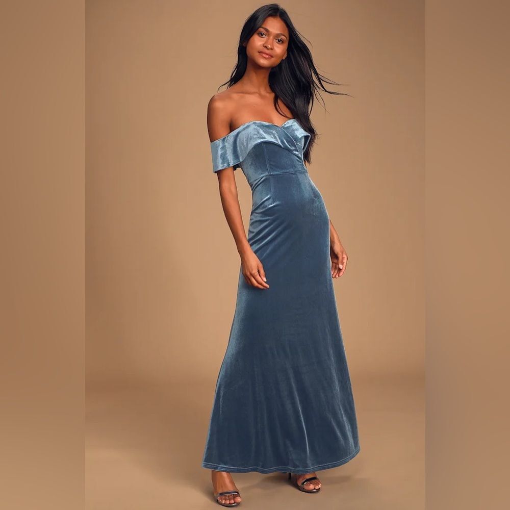 Lulus Sweet Symphony Dusty Blue Velvet Off-the-Shoulder Maxi Dress